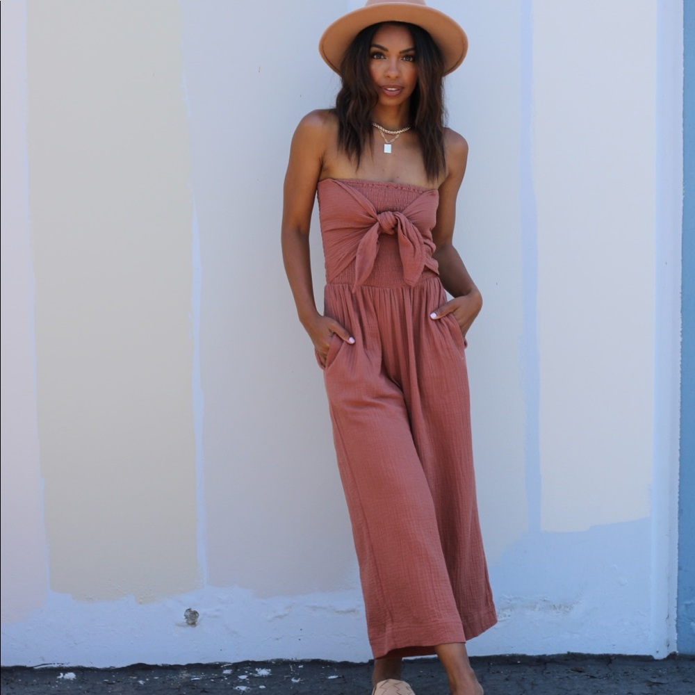 Strapless Rust Tie-Front Jumpsuit